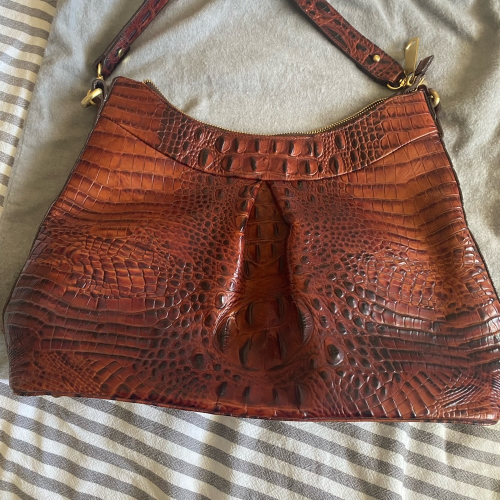 Brahmin Cognac Croc-Embossed Leather Shoulder Bag